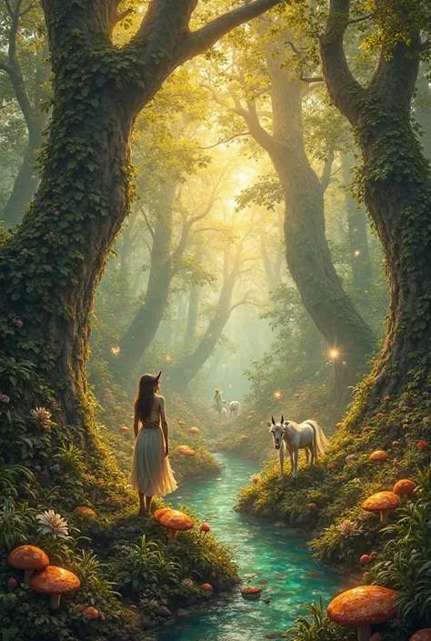 "A breathtaking ancient forest bathed in golden sunlight, with towering, moss-covered trees and glowing mushrooms. Enchanted creatures roam the landscape—elegant elves with flowing robes and intricate jewelry, their pointed ears and ethereal beauty standin...