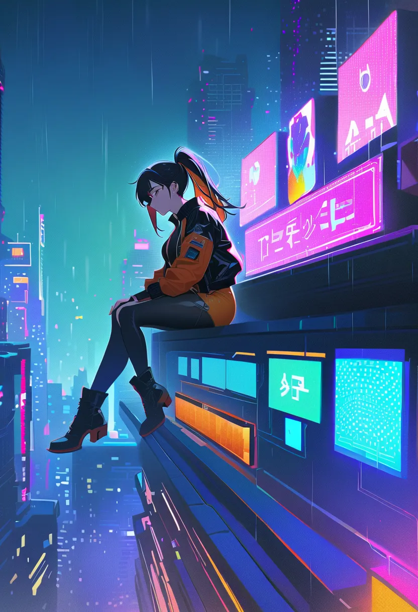 High-resolution anime-style illustration with bold painterly textures, vibrant metallic colors in the environment, and dynamic neon lighting. A young woman sits on the edge of a rooftop in side profile, overlooking a sprawling cyberpunk cityscape pulsing w...