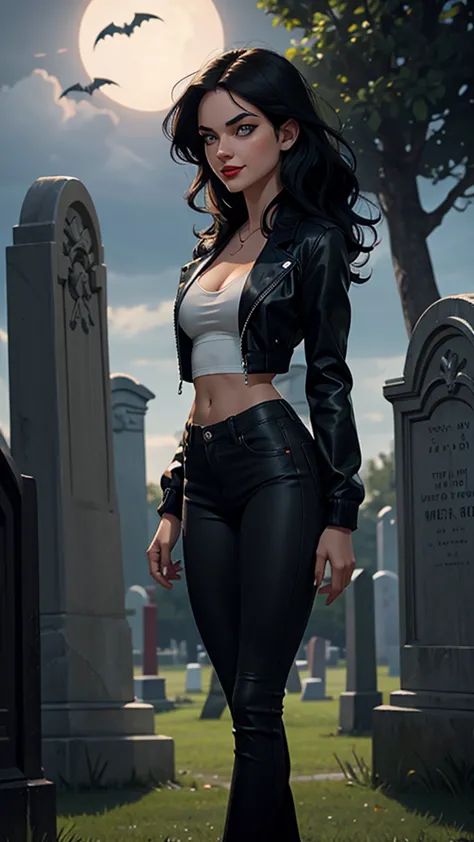  Woman, white skin, green eyes, Black hair, wavy hair, Straight hair, fringe,  long hair,  hair in the wind , cemetery at night, tight pants, Jeans azul, black boots, very low-cut top, White top,  transparent top, open jacket, black jacket, walking, Horror...