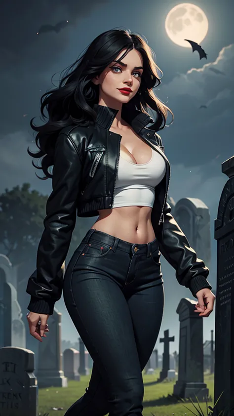  Woman, white skin, green eyes, Black hair, wavy hair, Straight hair, fringe,  long hair,  hair in the wind , cemetery at night, tight pants, Jeans azul, black boots, very low-cut top, White top,  transparent top, open jacket, black jacket, walking, Horror...