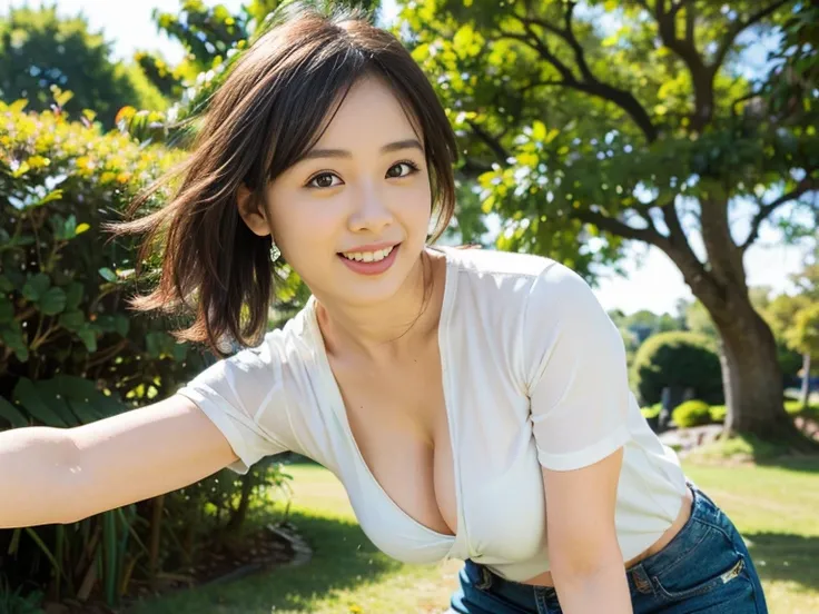 (8k, RAW photo, photorealistic, HQ, masterpiece, Brightly exposed photo), (Very elegant and beautiful, Perfect detail, Super detailed), a cute Japanese woman, (glowing eyes), (from below), 
(cute smile ), brown hair, low tied ponytail, (black T-shirt, jean...