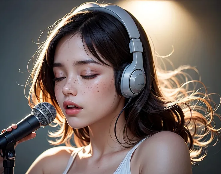 "A black and white portrait of a young woman with messy, curly hair wearing large headphones, singing passionately into a microphone. Her eyes are closed, and her expression is serene yet intense, with a delicate touch of freckles on her face. The scene ha...