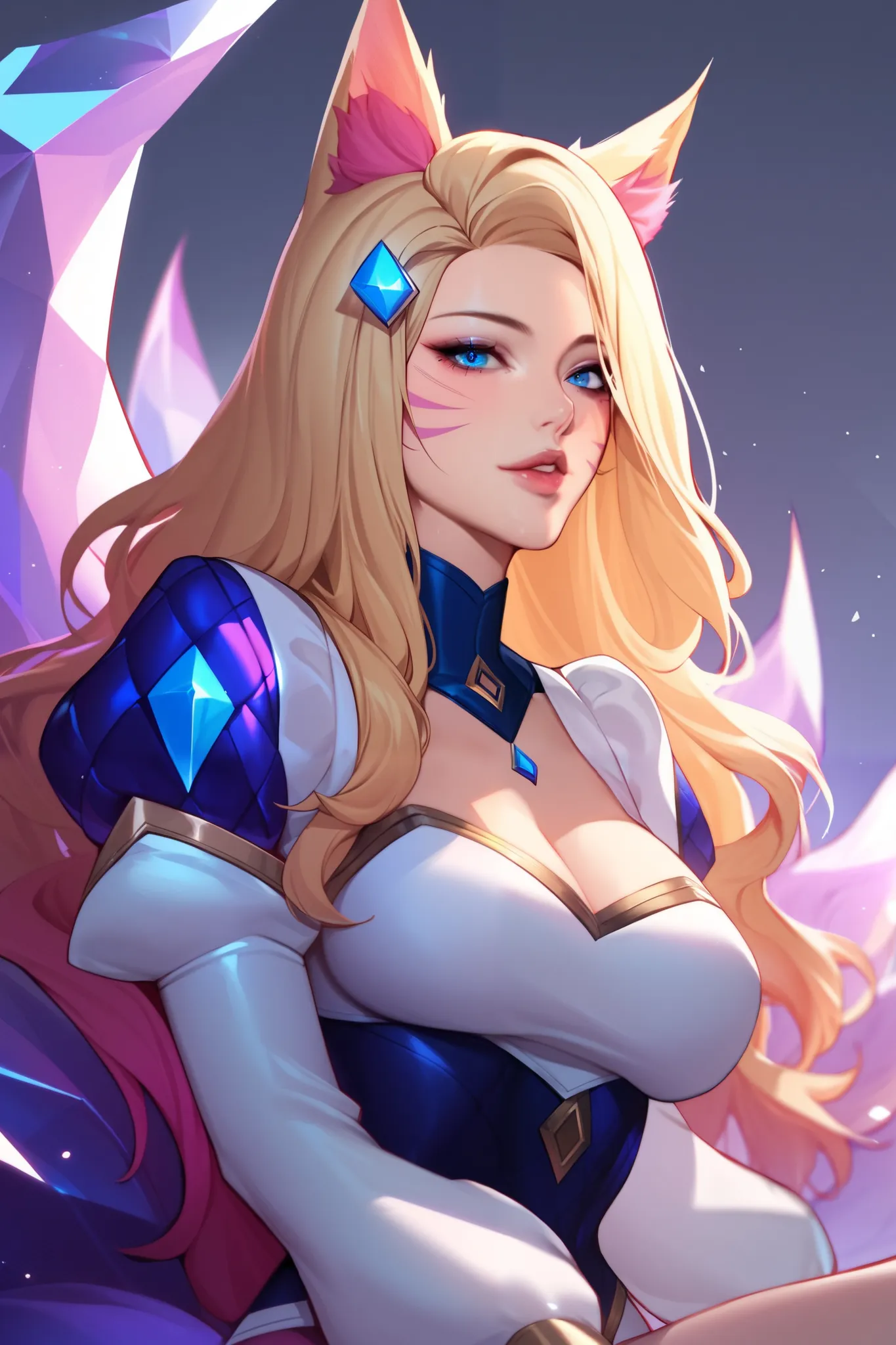 1girl,ahri \(league of legends\),solo,long hair,looking at viewer,blue eyes,large breasts,blonde hair,long sleeves,hair ornament,animal ears,sitting,parted lips,puffy sleeves,fox ears,facial mark,juliet sleeves,whisker markings,k/da \(league of legends\),s...