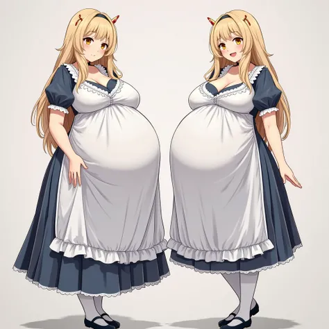 anime girl, long hair, big pregnant, orange eyes, pregnant girl with big belly, anime style, Blonde hair, big breasts, pregnant girl with big belly, smile, white thin tights with dark blue stripes white short sleeves long dark blue dress with white stripes...