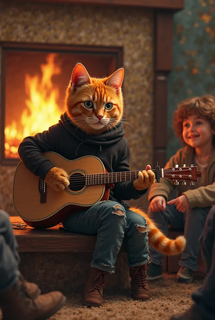 An orange cat, wearing a black long-sleeved shirt, ripped jeans, sat on a wooden khonk, strumming a guitar to friends surrounded by an electric fireplace.