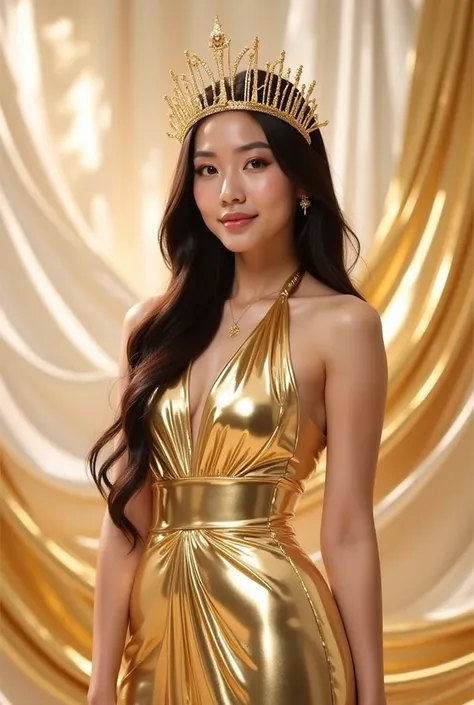 a woman in a stunning gold metallic gown that glimmers elegantly. The dress has a halter neckline and a fitted silhouette, accentuating her figure. She is wearing a golden crown-like headpiece with intricate details, complementing her overall regal appeara...