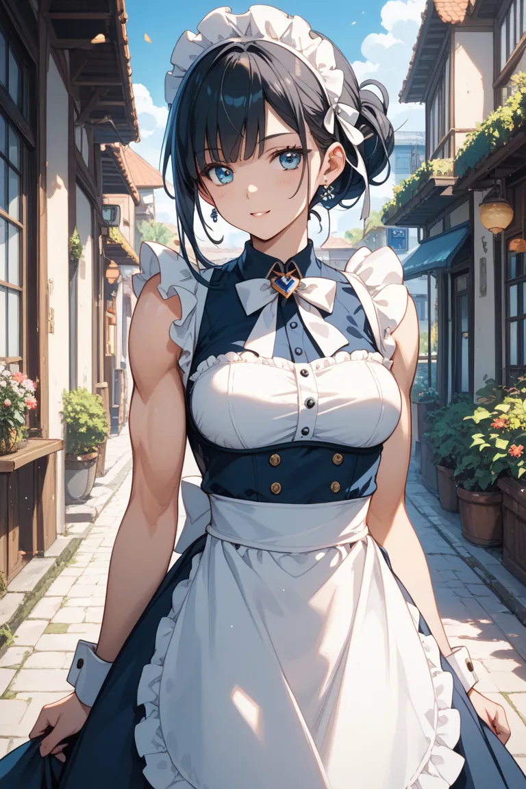 anime style、Pretty Girl、 muscular。A scene where a prestigious young lady in her 20s 。 has beautiful, smooth black hair 、 has a graceful and elegant demeanor 、are gentle and have inclusiveness。Eye color is blue（blue）。 
A scene where they are proud to show t...