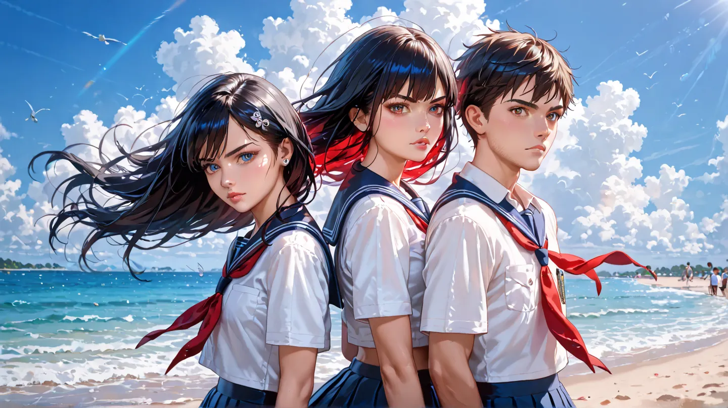 Two high school students, male and female, wearing uniforms, seaside, dynamic pose, serious look, black hair