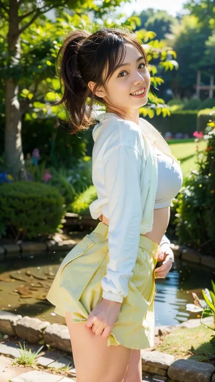 (8k, RAW photo, photorealistic, HQ, masterpiece, Brightly exposed photo), (Very elegant and beautiful, Perfect detail, Super detailed), a cute Japanese woman, (glowing eyes), (from below), 
(cute smile ), brown hair, low tied ponytail, (T-shirt, light jack...