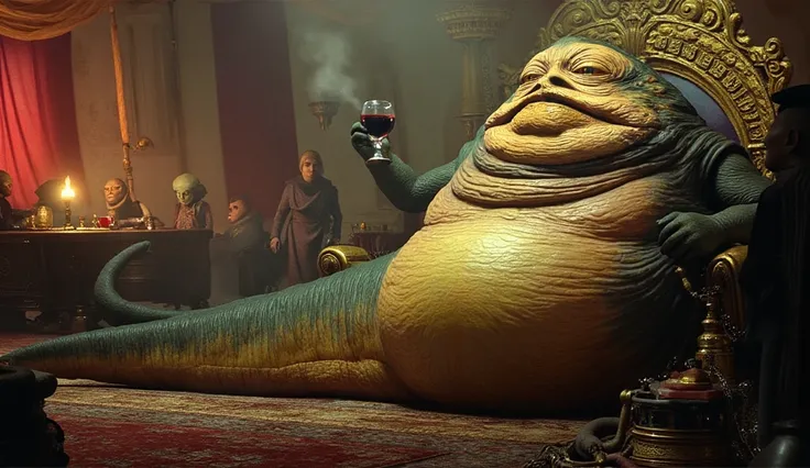 A hyper-realistic, cinematic render of Jabba the Hutt, the massive, slug-like crime lord, lounging on his grand, stone throne in his dimly lit palace on Tatooine. His giant, slimy body rests lazily, his bulging yellow eyes half-closed with a menacing grin,...