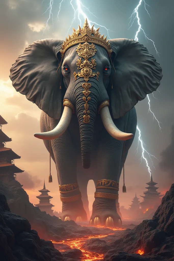 "This image depicts a fantastical scene featuring a massive, intricately detailed, three-headed elephant with ornate decorations and armor. The elephant appears to be standing on a volcanic landscape with lava and smoke, while a dramatic sky with rays of l...