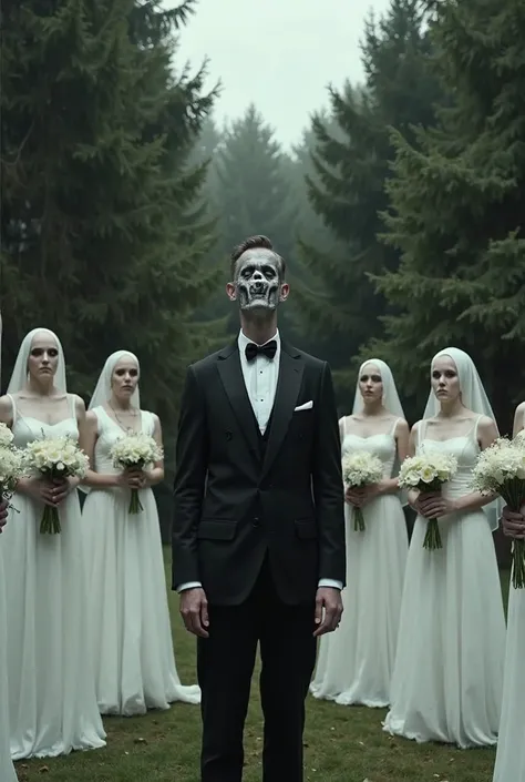 A surreal and eerie wedding scene set outdoors in a forested park. A groom, dressed in a black three-piece suit, stands in the center with a solemn expression and dark, hollow eyes, giving him a haunting appearance like zombie. Surrounding him are eight br...