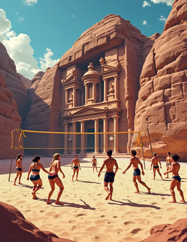 Create a poster for me where people play volleyball in the dessert with Petra in the background 