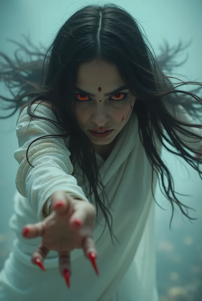 Prompt:** "A close-up of a ghostly woman in a white sari with blood-red eyes and long, sharp nails. She is floating in mid-air, her hair flowing as if caught in an invisible wind. Her expression is menacing, and she is reaching out toward the viewer. Horro...