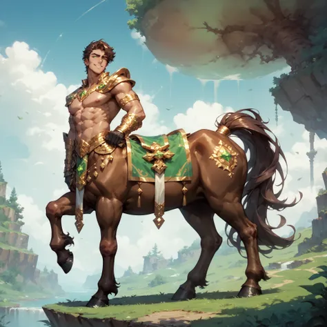 ((Oil painting style, Masterpiece)) centaur, male glossy skin, happy trail, wearing a sheer loin cloth, slight bulge, leaning against giant mushroom, caramel-colored skin, emerald colored eyes, slight smirk, square jaw, 