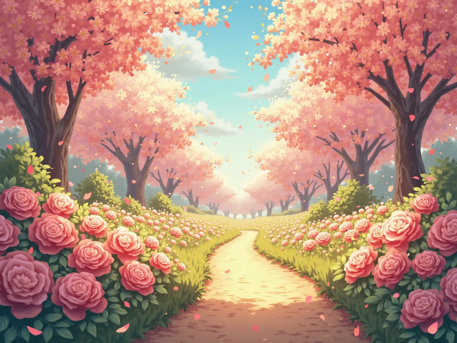 Beautiful spring park, magical colors and atmosphere, warm colors, beautiful scene, falling petals, beautiful peaceful scene, very fantastic and dreamy, flower path to heaven, beautiful digital art