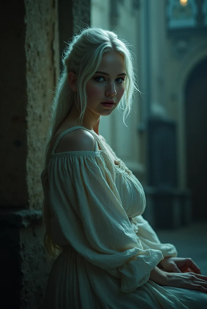 Jennifer Lawrence as a Miskatonic University Student. 1 Girl. Cryptic Transfer Student. Pale and ethereal, with stark white hair and eyes that almost seem to glow in the dark. She dresses in flowing, old-fashioned clothing that seems out of time. Soft-spok...