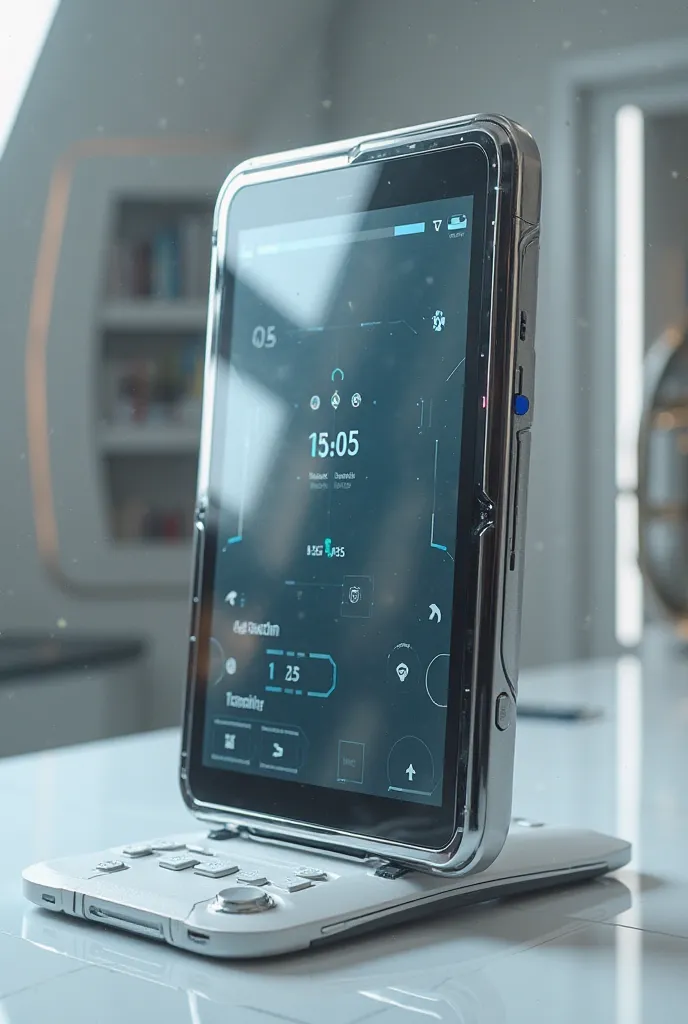 Futuristic tablet turned on with speakers, microphone at all angles  