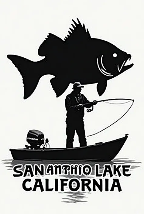 A logo that above has a fisherman with only the silhouette of a large fish that covers the fisherman and the boat; on a boat and a fishing rod all in black and under the fisherman say “SAN ANTONIO LAKE” And under that centered say “CALIFORNIA”