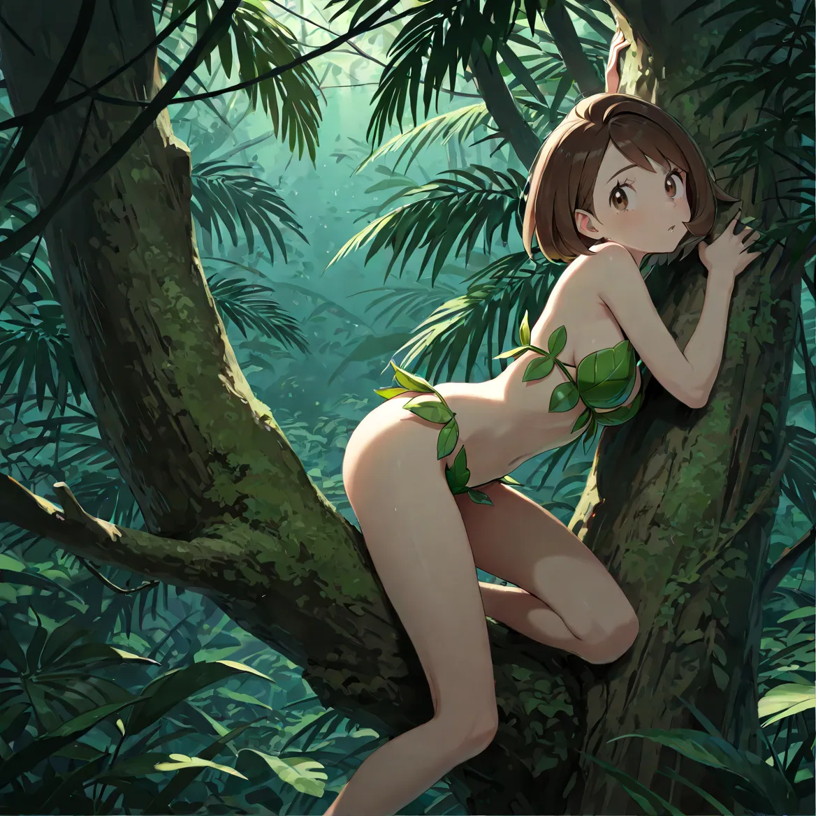 masterpiece, absurdres, amazing quality, best quality, 1girl, Gloria, ((Gloria)), ((Pokemon)), short brown hair, brown eyes, average breasts, slender, climbing tree, sense of wonder, leaf bra, leaf panties, jungle, high quality, very aesthetic, dark, cool ...