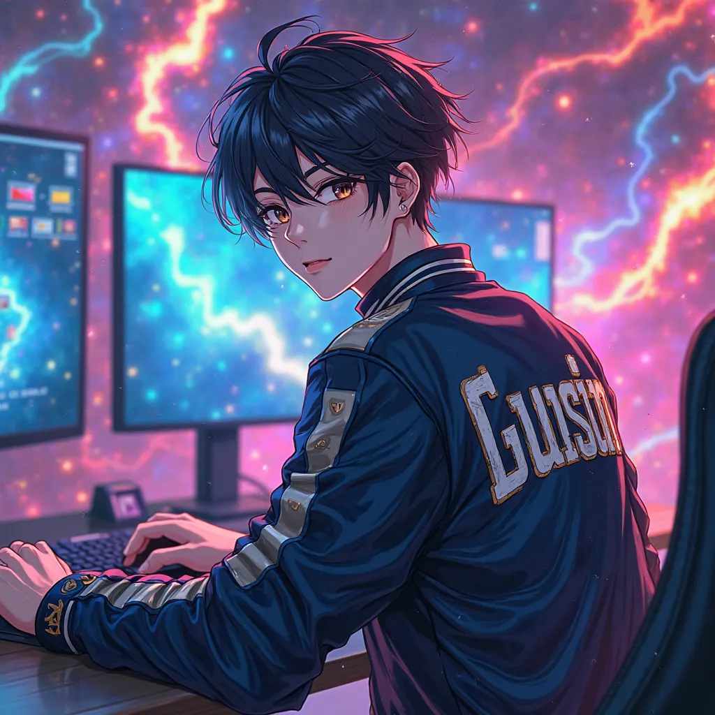 Hd image of a cool anime boy gamer looking front and his varsity jacket have written "GUSION" and galaxy gaming room on his background 