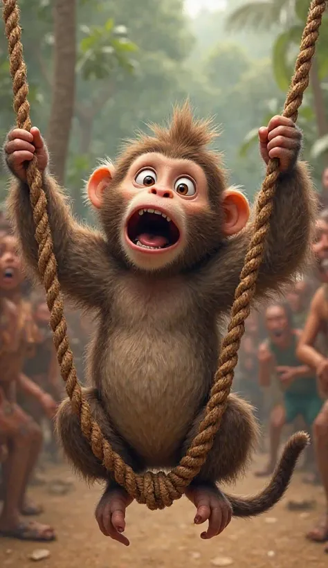 "A mischievous monkey trapped inside a rope net, looking surprised and scared. Its arms are raised as if trying to escape, but the net is tightly secured. The background shows villagers standing around, some laughing while others are happy that the monkey ...