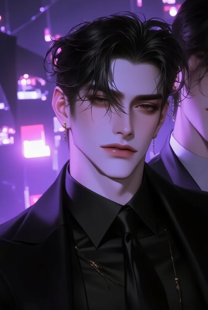 Dark alley with dark purple hues.  laughing expression. 23-year-old male. sharp eyes. Neatly trimmed hair. A handsome 25-year-old Korean man in a suit .  ear piercing. Front angle for a good view of the face