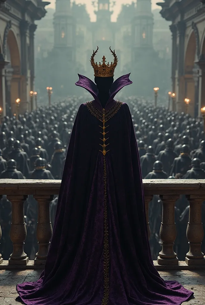 The Evil Queen in Snow White wearing a golden crown and an extra long dress in very dark purple, almost black. Standing on the balcony watching his enormous army of dark soldiers kneeling before his presence 