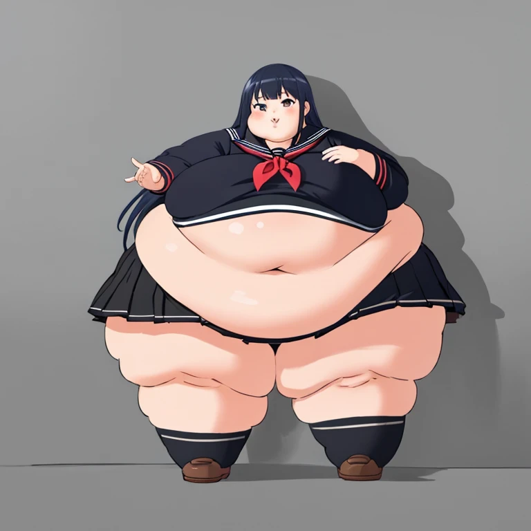 masterpiece, best quality,advanced details, female high school students, long hair, obesity,  my stomach is sticking out,  very large body , Big Feet, black sailor collar , black skirt, long skirt, full body portrait