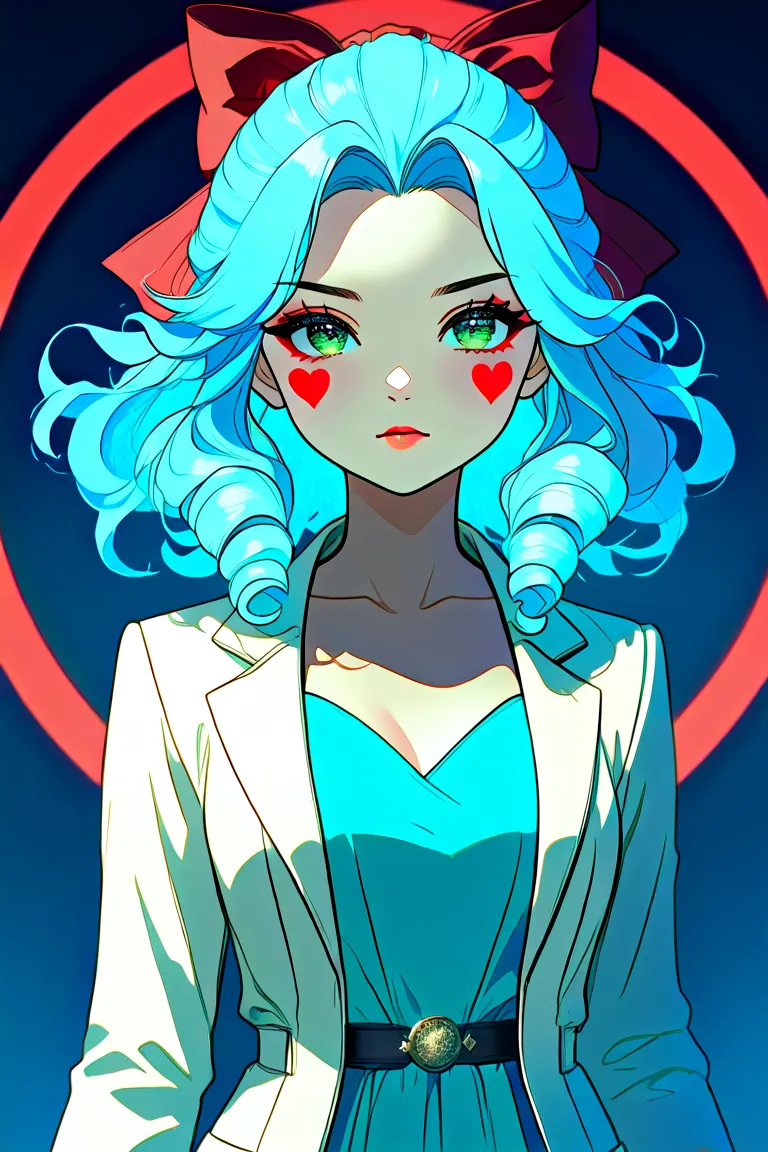    Girl with curly hair , long light blue color, green eyes, red makeup in the shape of a circle on the cheeks, a light blue dress suit with a red bow on the neck and a black mini short