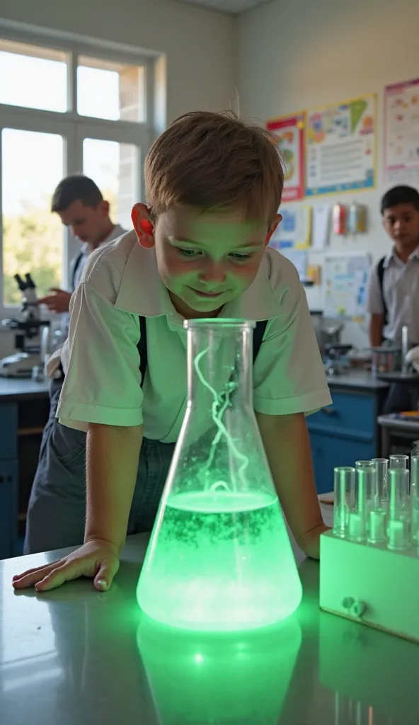  A young , around , is standing in a bright school science lab, gazing at a glass flask filled with a glowing green liquid. The flask is partially tipped, and some of the liquid has spilled across the table, emitting a faint mist. The ’s hand is extended t...