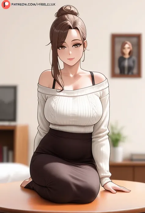 ( masterpiece, best quality, high,  ridiculous quality , original,  latest),  Hihelzflux, depth of field, rest, (1 Girl,  perfect figure, perfect anatomy), (brown hair,  asymmetrical bangs, Side hair, Hair Bun, hair off the shoulder to cover one eye), ( li...