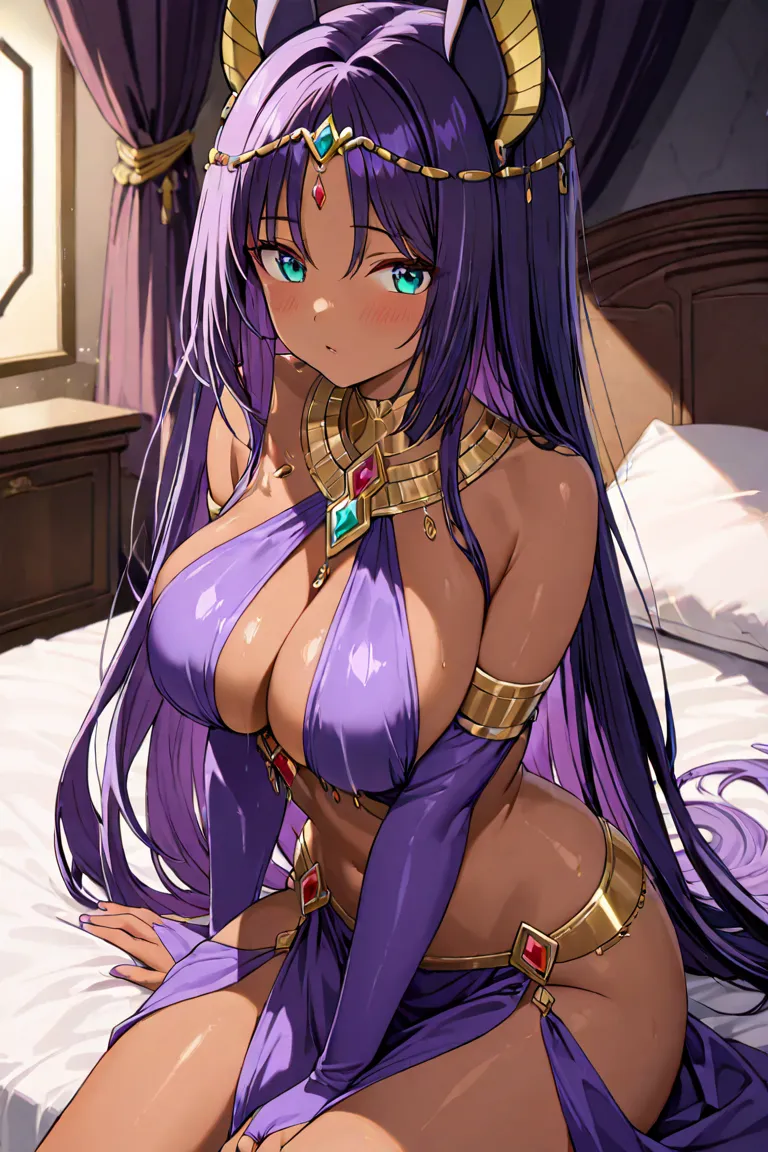 Anime girls: 

Age:19 years old

Appearances:
aqua eyes, dark skin, dark-skinned female, forehead jewel, gem, jackal ears, long straight purple hair,voluptuous body,big breasts and hips,curvaceous.

Wearing:
bridal gauntlets, circlet, arabian clothes, head...