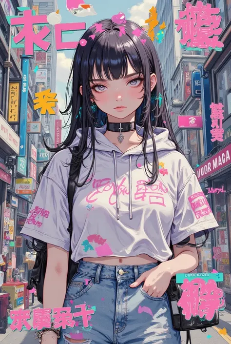 digital leaflet, superimposed text, signature superimposed on a character, anime-style poster, top page of a magazine, background with vector graphics, 1 mysterious girl-a new transferred student, multicolored hair, a walk through the city in the style of ...