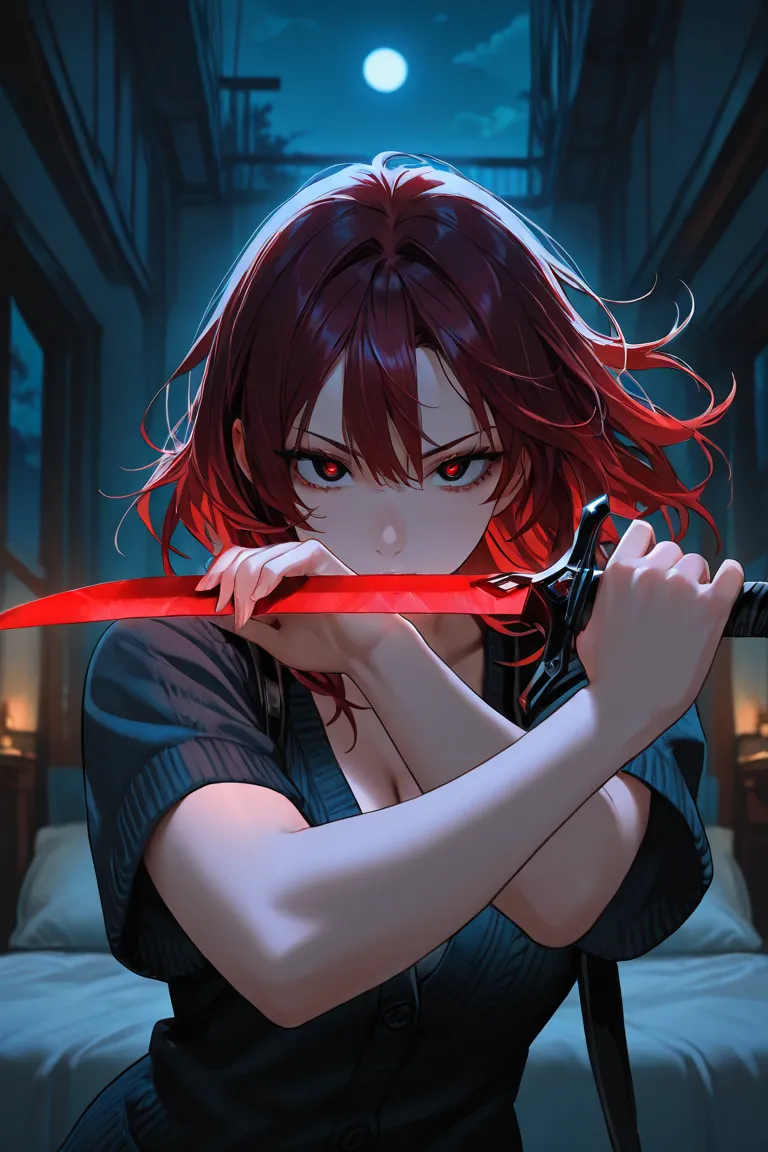 beautiful villain girl, dark red hair, dark eyes, attractive, top quality, masterpiece, cinematic shot, night time, dark ambience, dynamic pose, mysterious, bedroom eyes, wearing a layered short sleeve cardigan, has a short sword