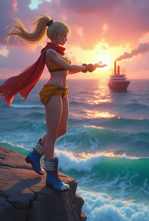 Rikku stops abruptly at the edge of a rocky ledge, where the salty wind from Zanarkand flutters her colorful beads in her hair. Behind her, the endless turquoise of the ocean, merging with a purple sunset, and below,  was at school , , the red-mailed ship ...