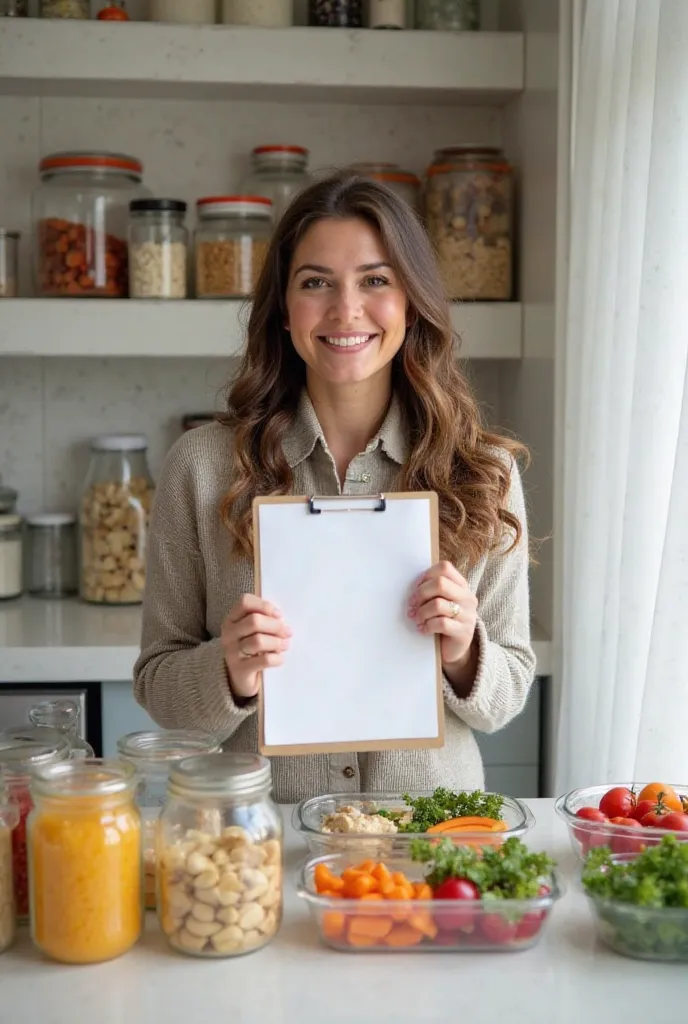 A well-lit and organized kitchen, with glass jars filled with healthy ingredients lined up on the counter.  in the center, a smiling person holds a shopping list and next to it there are pre-prepared portions of food in containers. The environment conveys ...