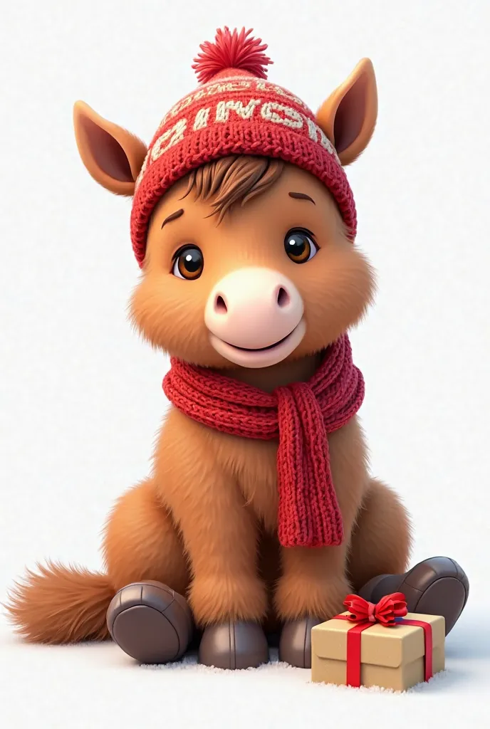 
on a white background, a cute brown horse in a red knitted New Year's hat and a red scarf, sitting with a gift