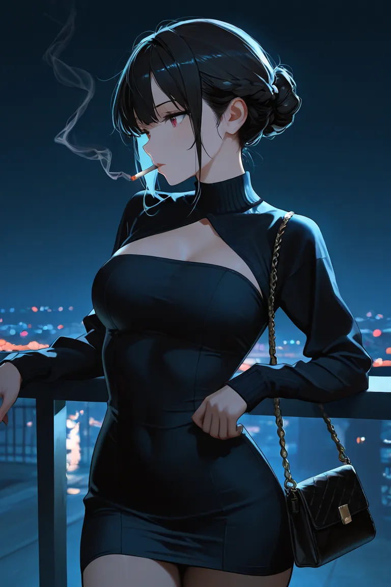 beautiful girl, bun hairstyle, bedroom eyes, dark black hair, attractive, top quality, masterpiece, cinematic shot, dark ambience, night time, dynamic pose, mysterious, wearing tube dress, smoking a cigarette, has shoulder bag