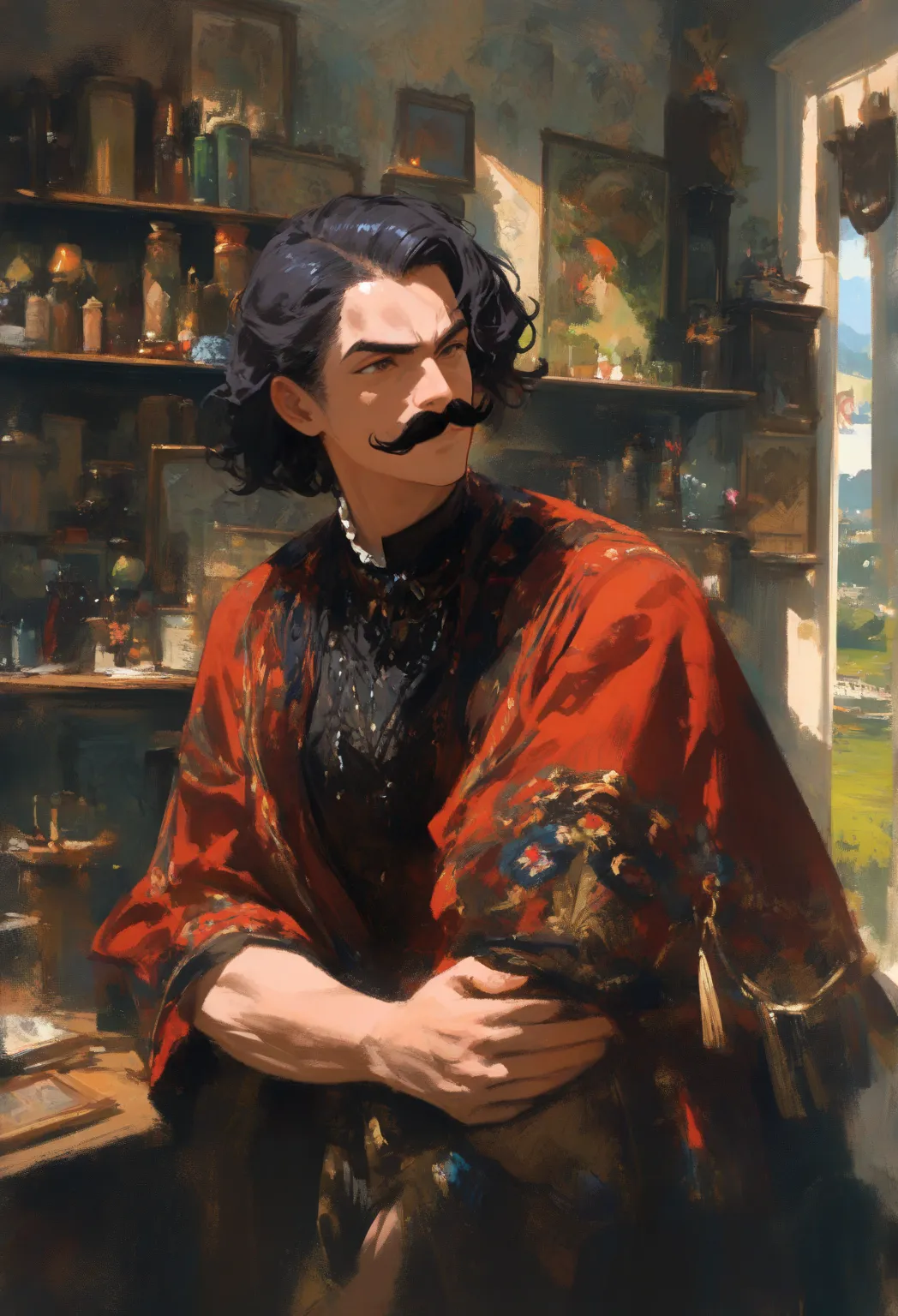 1man, handsome Middle-aged man, muscular tall body, serious expression, teasing smile, Dark Neat haired, sensitive, solo, elegant clothes, landscape, iconic looking mustache, detective office landscape, head tilt, half body, Fantasy detective office locati...