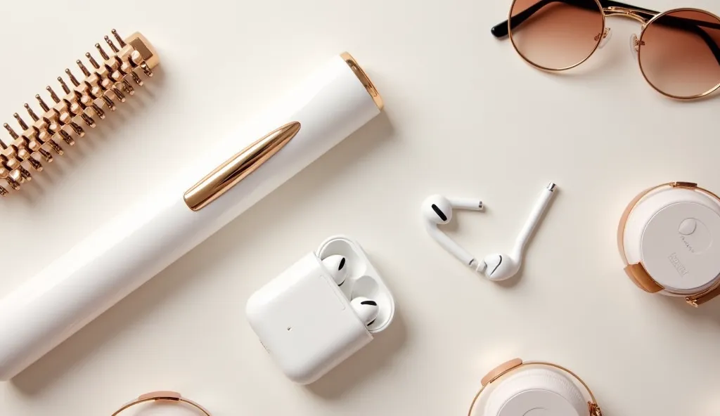 An elegant flat lay featuring trendy accessories, including a electric termus, a pair of wireless AirPods, a white smartwatch with a gold frame, a gold-accented white headphone, and a pair of round, gold-framed eyeglasses. A hair strieghtner, all arranged ...