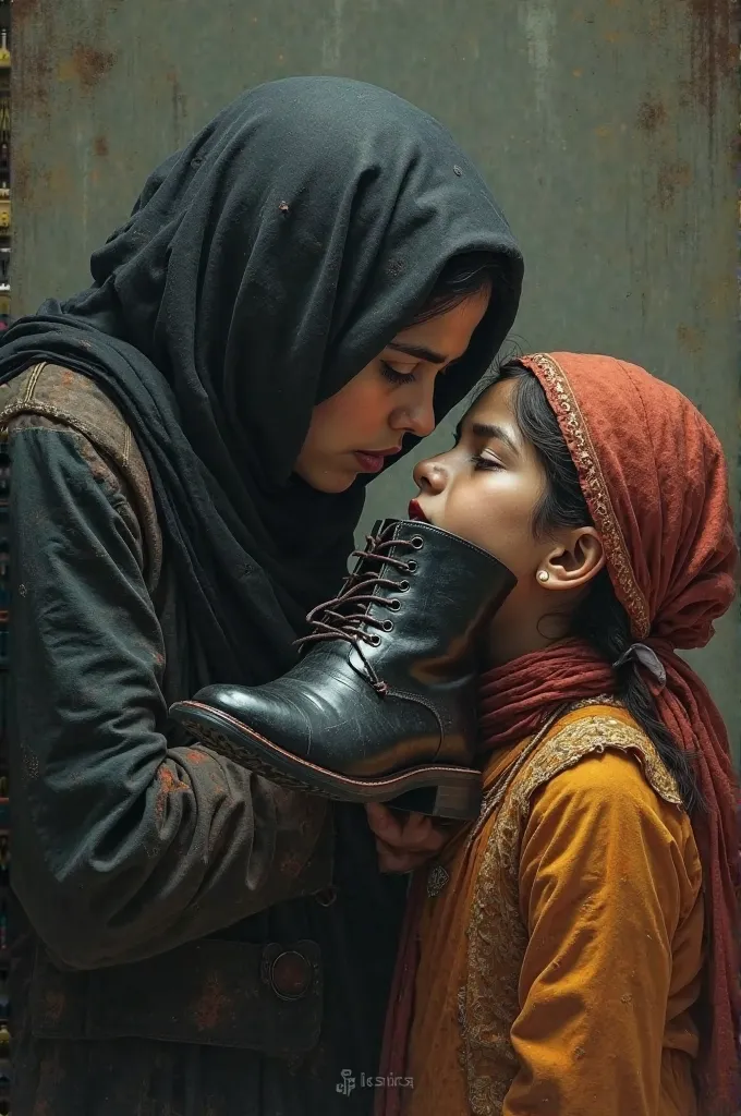 Arab girl wearing hijab and black leather boots put her boots in mouth of hindu girl wearing pattupavada 