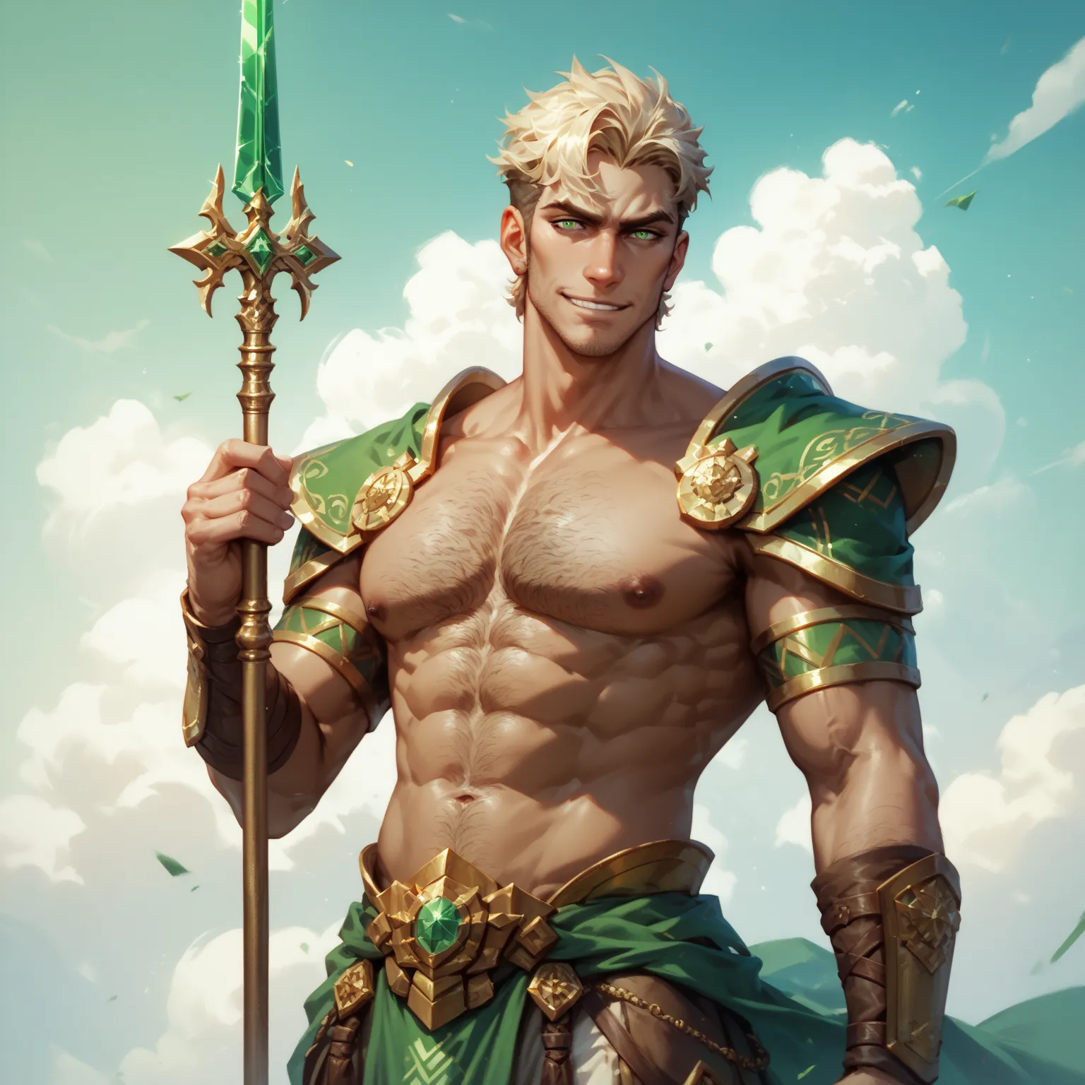 ((Oil painting style, Masterpiece)) centaur, beastly, male glossy skin, hairy chest, wearing a sheer loin cloth, slight bulge, holding crystalline spear, caramel-colored skin, emerald colored eyes, slight smirk, square jaw,  