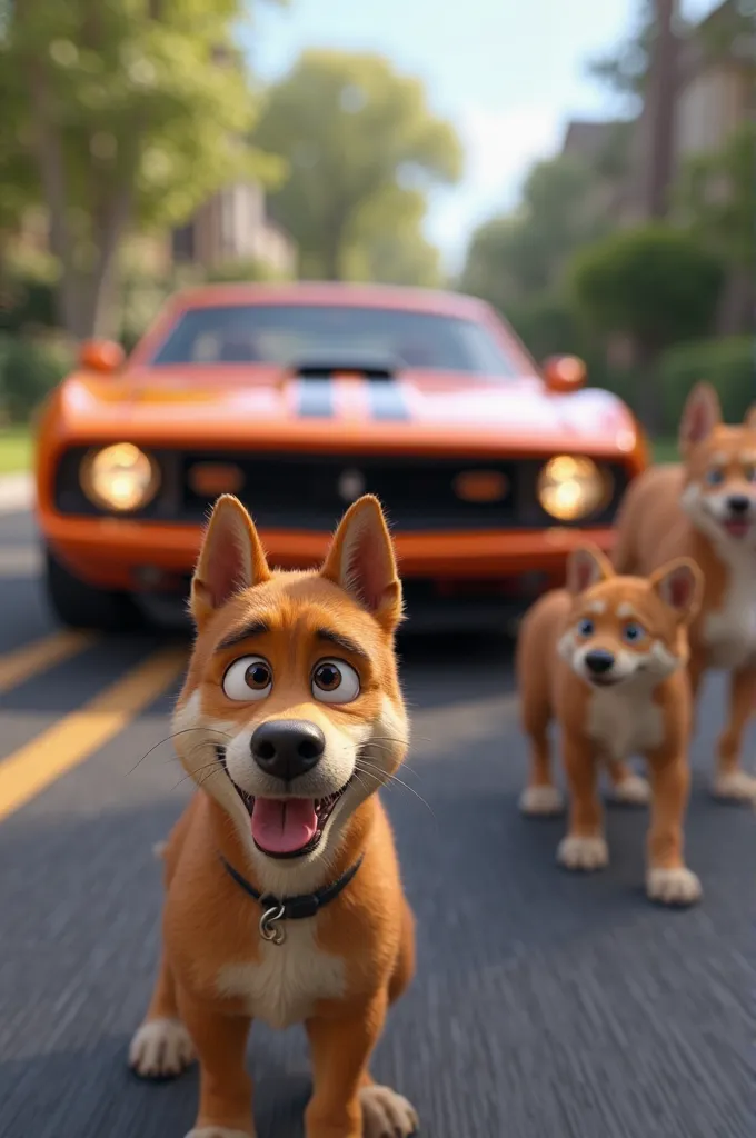 A dramatic 3D Pixar-style moment of a speeding car coming down the road, with the mother dog in the foreground unaware of the approaching vehicle. The car is bright and modern, with a sense of motion. In the background, the puppies are startled and confuse...