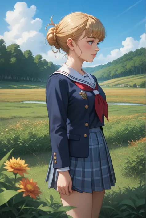 18-year-old Japanese in school uniform in an open field 