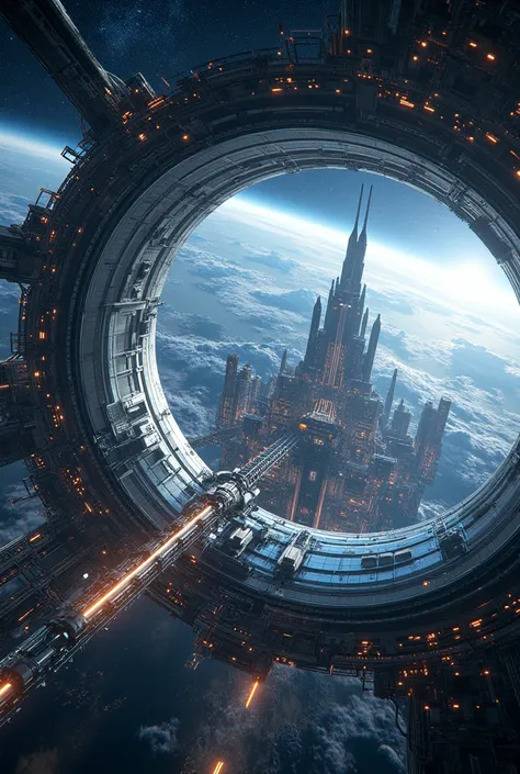 realistic image of the interior of a long metal channel that curves upwards on the background horizon with a futuristic city inside and is in outer space orbiting planet Earth ,   as realistic as possible  