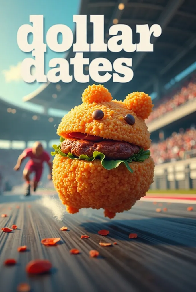 Please create me a picture which shows Dollar dates in big text and the background a blurred background of a racetrack with a bunny chow or a Kota  iin the foreground, looking as if it's speeding by.