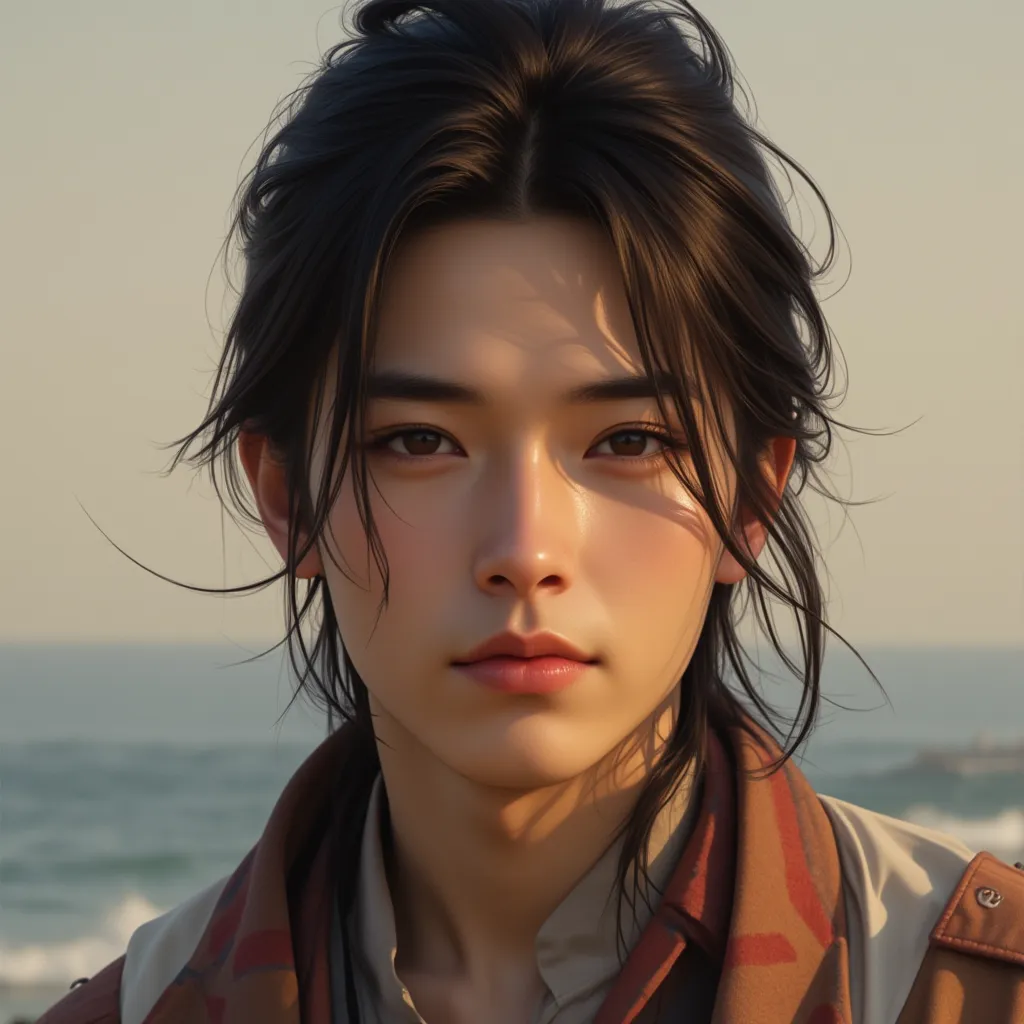 masterpiece, best quality work of art, 8k, of the highest quality, best graphic,  beau yeux noir  , beautiful sensual lip, beau fond asian,  long brown hair detached ,  nineteen-year-old man   , jeune homme Chinois . 