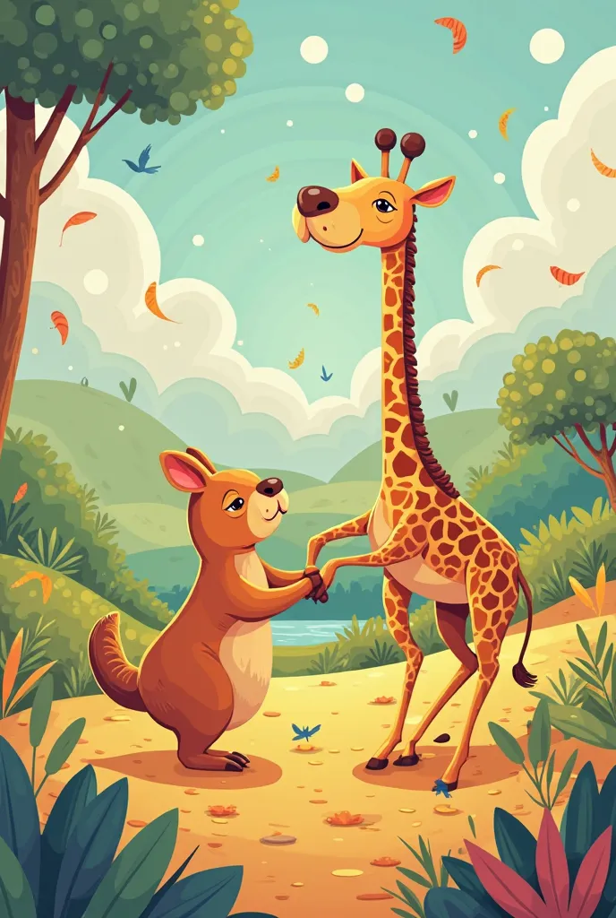 CAPIBARA DANCES WITH A GIRAFFE IN CARTOON