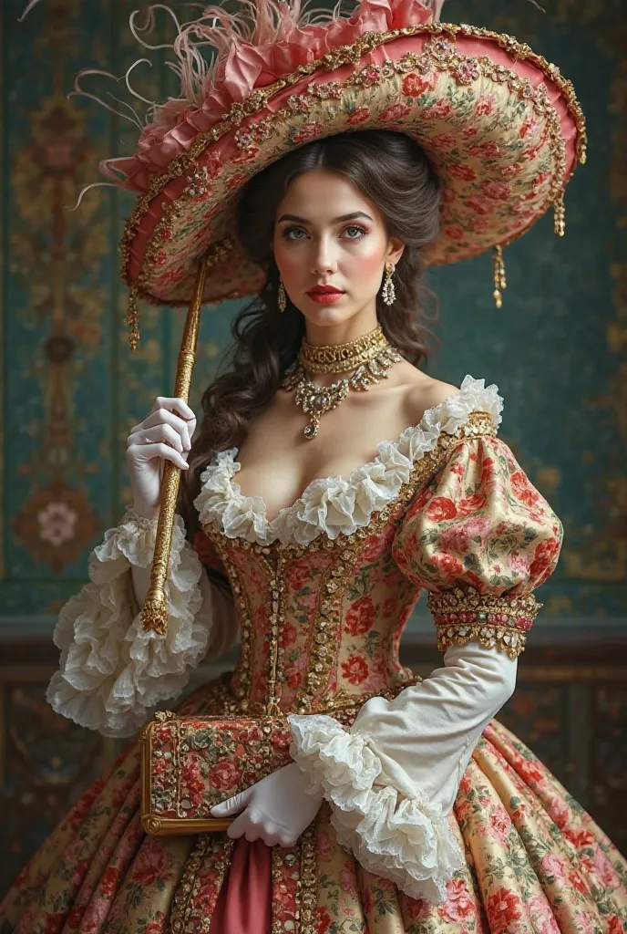  Create me a beautiful baroque stail Quin in sumptuous clothes hat and umbrella in full splendor whole body with all details of baroque with jewelry and handbag fantastic colors and dress magically fairytale 